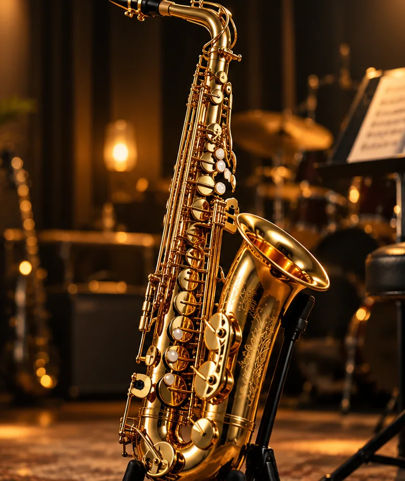Gold saxophone in a music studio
